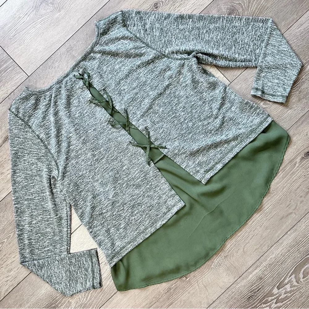 New Directions Mixed Media Lace Up Long Sleeve Top